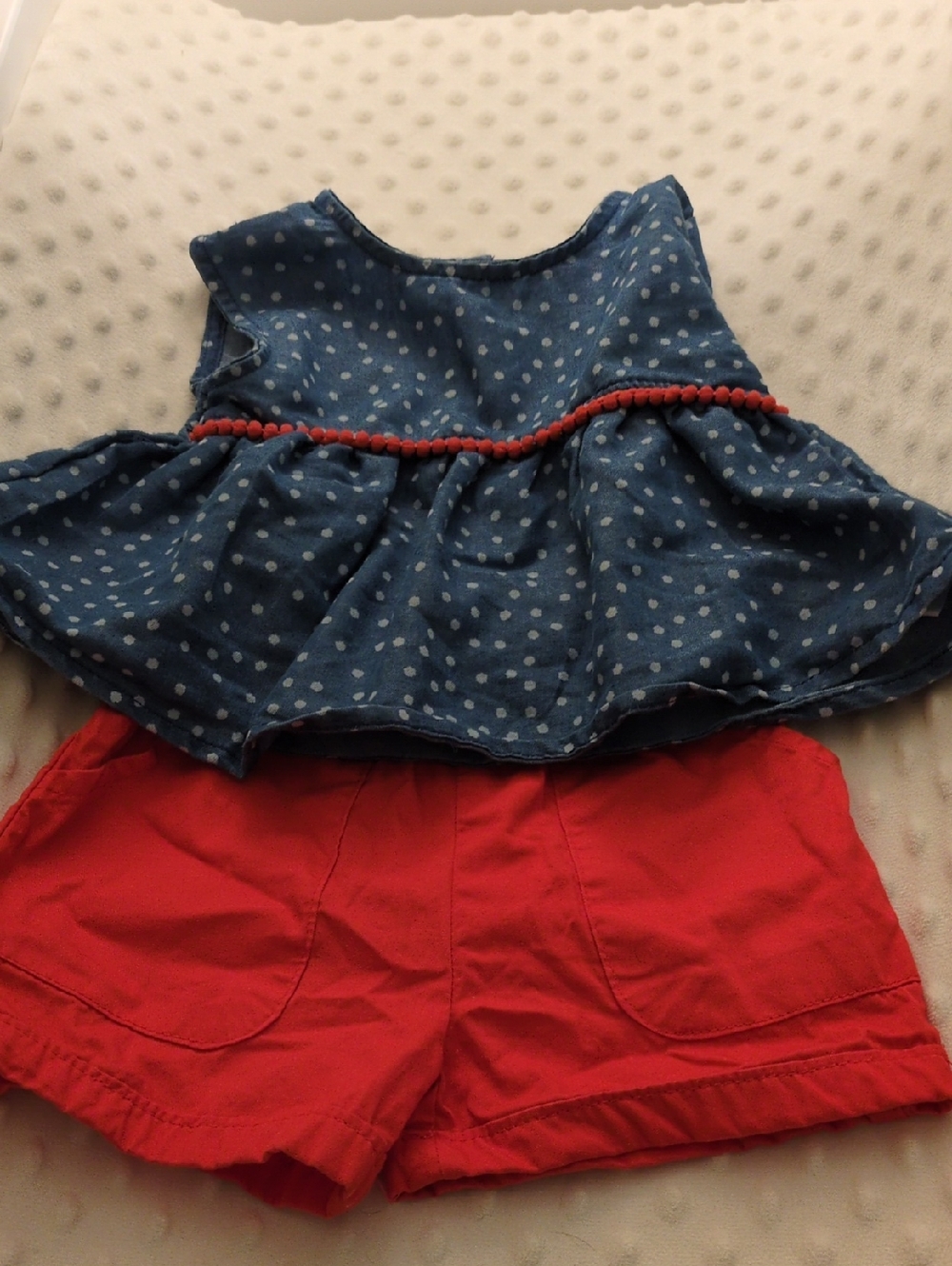 Penelope Mack Blue Polka Dot Peplum Top with Red Trim & Red Shorts Set, 12m